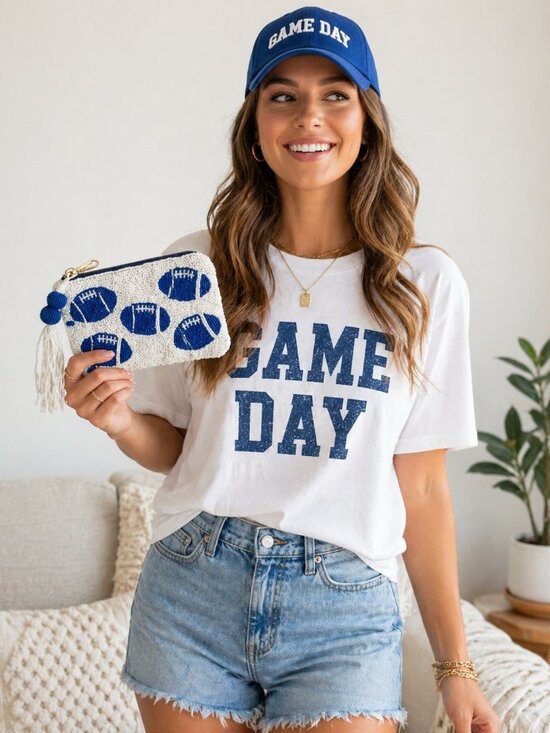 Wandering Moon Handbags - Wandering Moon Blue Football Beaded Travel Pouch Handmade Zip Bag